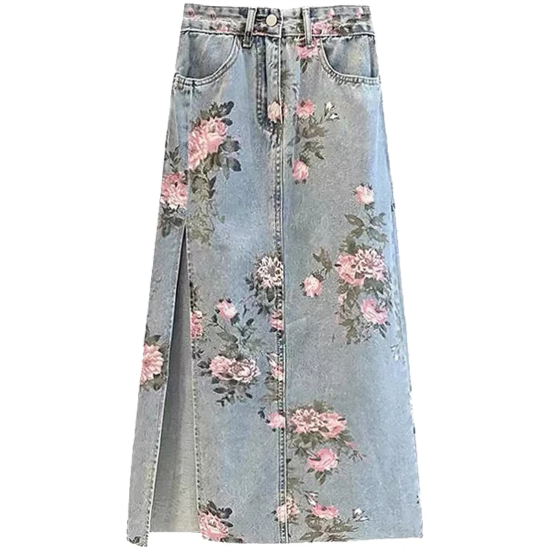 Floral Print Denim Skirt