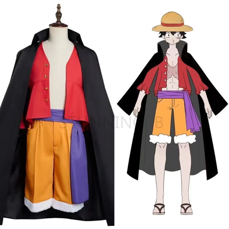 

Anime Monkey D. Luffy Cosplay Wano Country Costume Trench Coat and Sorts Hat Kimono Suits Halloween Party Cartoon Uniform Suit