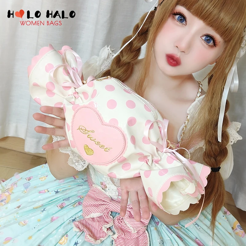 Kawaii Dot Candy Design Girl Handbag and Purse Sweet Lolita Daily Clutch Chain Crossbody Messenger Bag Sugar Shaped Shoulder Bag