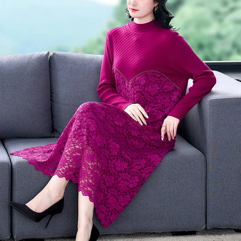 

2023 Autumn/Winter New Wool Knitted Women's Lace Splice Dress O-Neck Loose Large Size Slim Knee Length Sweater Long Dress Robe