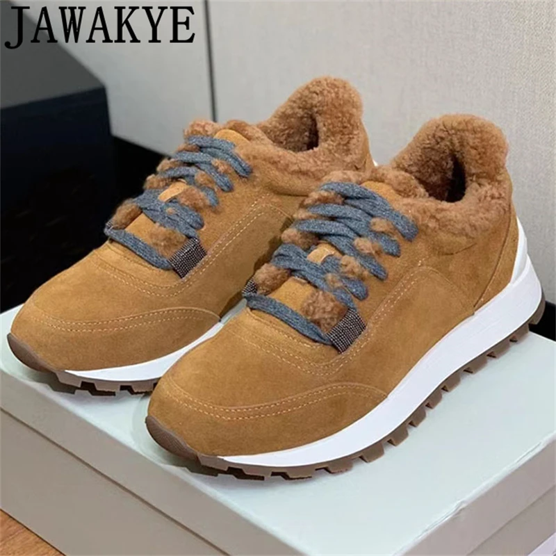 

2023 Winter Cow Suede Wool Casual Sneakers For Women Brand Thick Sole Lace Up Flat Platform Fur Shoes Comfort Walk Shoes Female