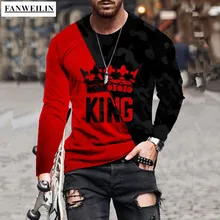 

Oversized Men Red Black Patchwook Tshirts Autumn New King Printed Long Sleeve T Shirts Fashion Male Vintage Ethnic Anime Clothes