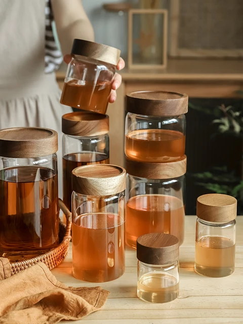 Japanese-style Wooden Lid Glass Jar Sealed Jam Honey Bottle Large-capacity  Coffee Tea Jar Glass Container Household Sub-bottling