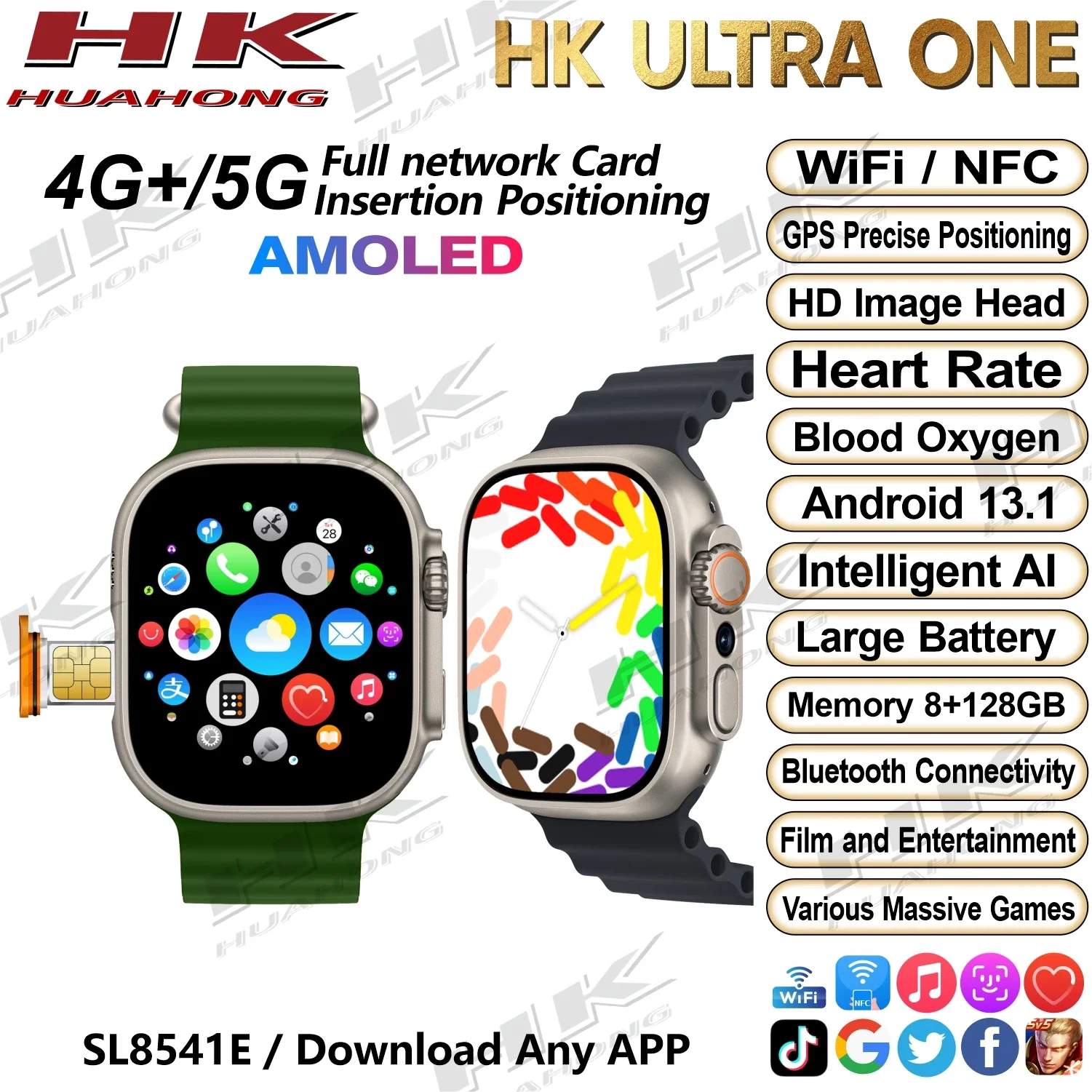 Nuovo Smartwatch Amoled 4G Con Fotocamera 3Gb + 32Gb Hk Ultra One Smart Watch Supporto Android Sim Card Wifi Gps Download App Game
