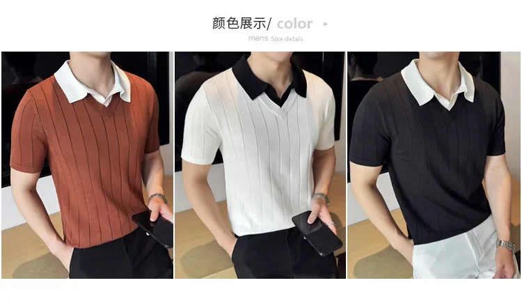 Thin Fashion Striped Lapel Knitted Polo Shirt, Fake Two-Piece Knitted Short-Sleeved T-shirt ~ Yellow Brown T-shirt 12 Sa4c798d0771847c696be07c97d4b5e86c