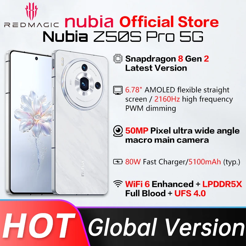 

Global Version Nubia Z50s Pro 5G 6.78'' 120Hz AMOLED flexible Latest Version Snapdragon 8 Gen 2 Octa Core 80W Fast Charging