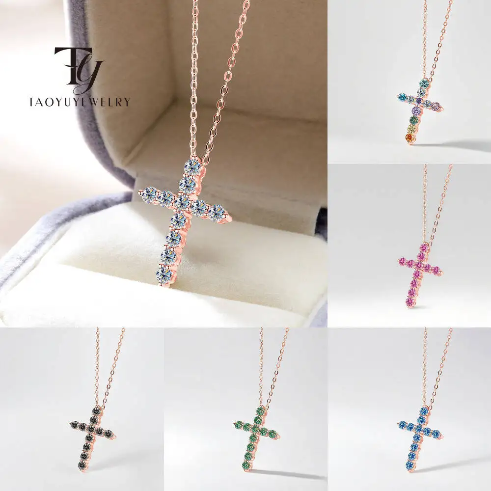 Taoyu Moissanit Kreuz Halskette für Frauen Männer 925 Sterling Silber Halskette 3 MM 4 MM Mehrfarbige Labor Edelstein Edlen schmuck Gothic