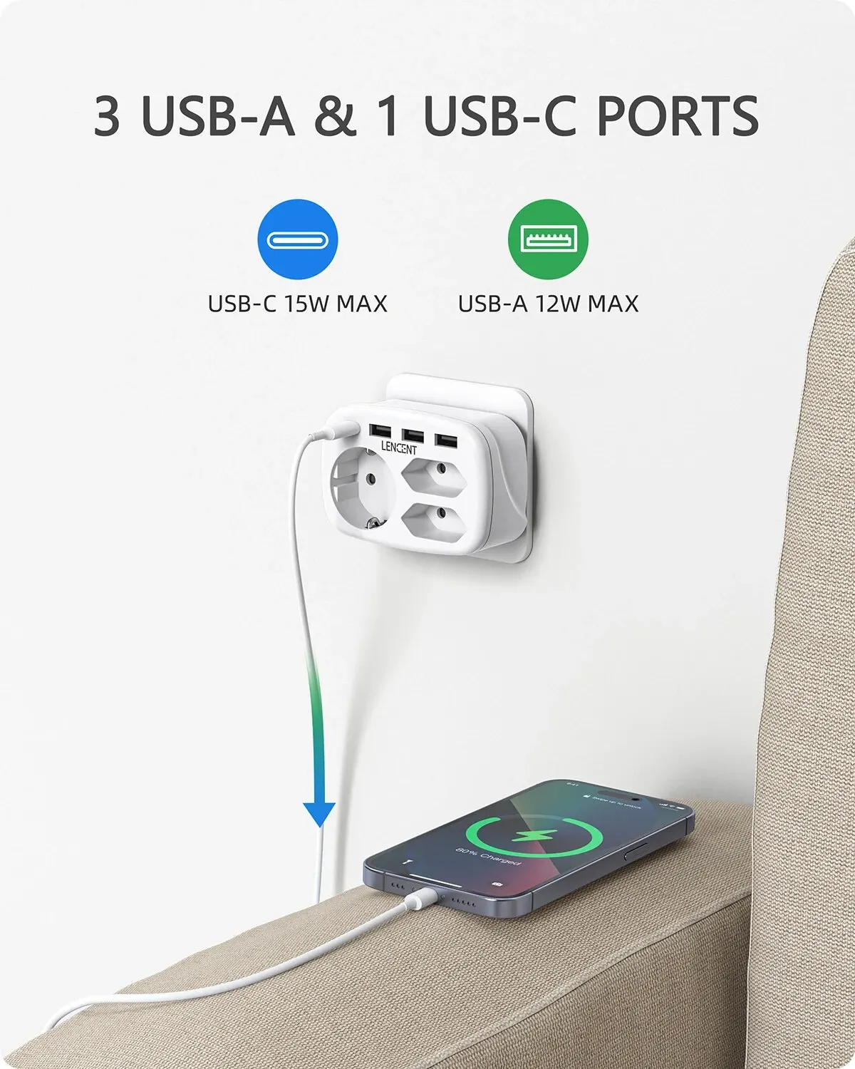 LENCENT EU Plug Multiple Wall Socket Extender 3 AC Outlets 3 USB Ports 1 Type C 7-in-1 Plug Adapter For Home and Office plug adapter wall socket extender