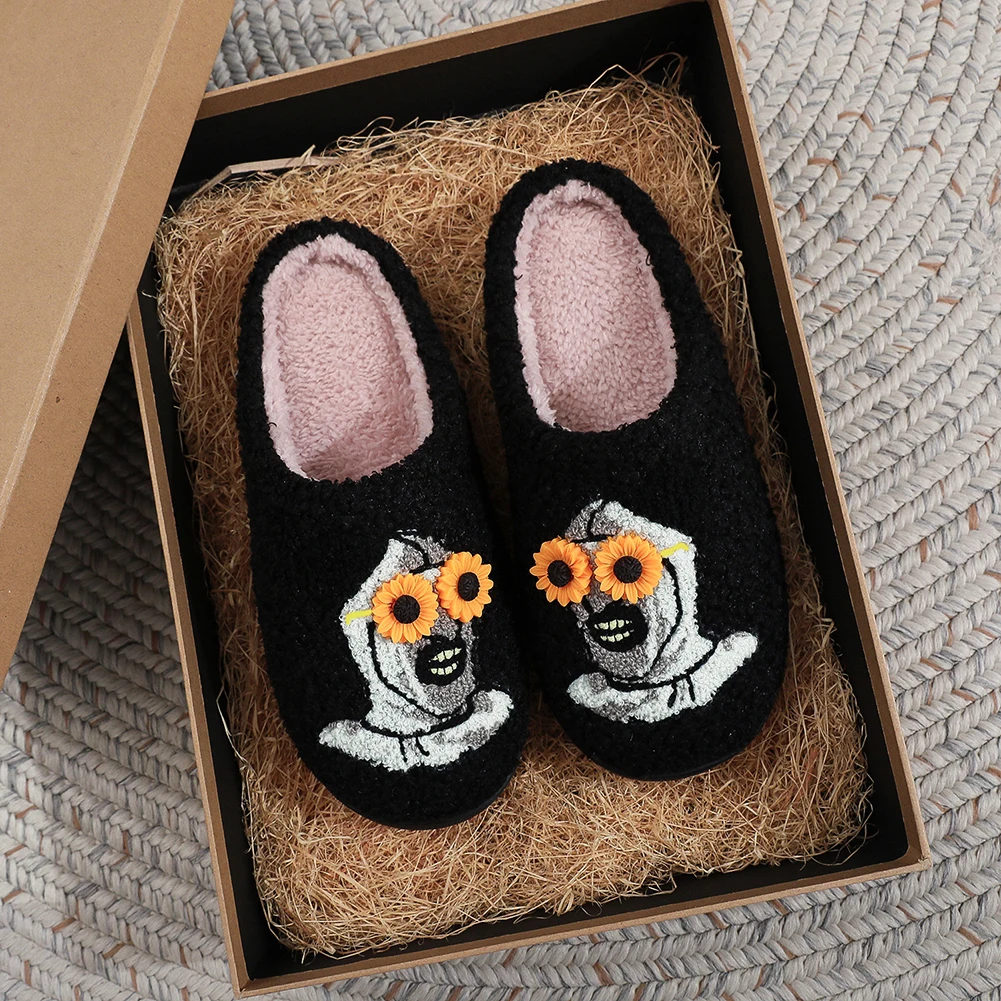 Halloween Plush Slippers Fluffy Home Slippers Comfortable Furry Clown Slippers Sunflower Glass Clown Slides for Indoor Bedroom