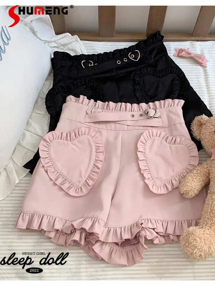 

Japanese Sweet Lolita Shorts Woman Summer 2023 New Cute Girls Love Ruffles Pocket Heart Buckle High Waist Black Pink Short Pants