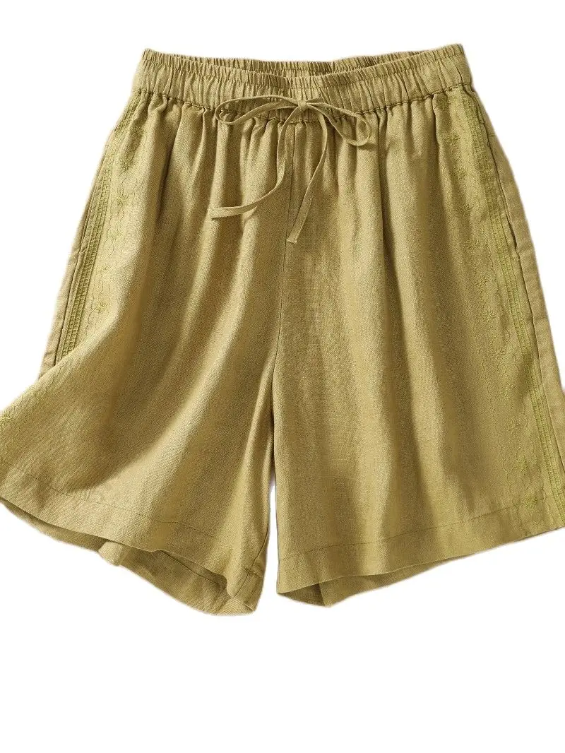 

2023 New Summer Cotton Hemp Lace Up Straight Tube Trousers Women's Art Embroidery Splice Versatile Fashion Women's Shorts