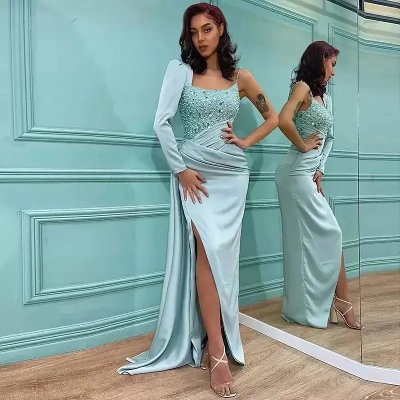 

Blue Evening Dress One Long Sleeve Square Collar Split Satin Sequined Floor Length Sweep Train Special Event فساتين السهرة
