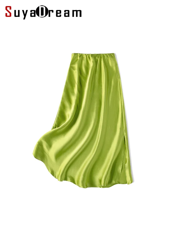 suyadream-women-long-skirt-100-real-silk-elastic-waist-green-a-line-skirts-2024-spring-summer-bottoms