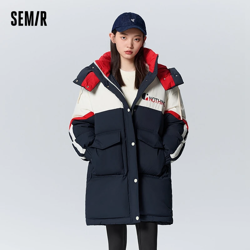 Semir Down Jacket Women Long Color Block Letters Winter Fashion Hooded Loose Warm Thick Coat