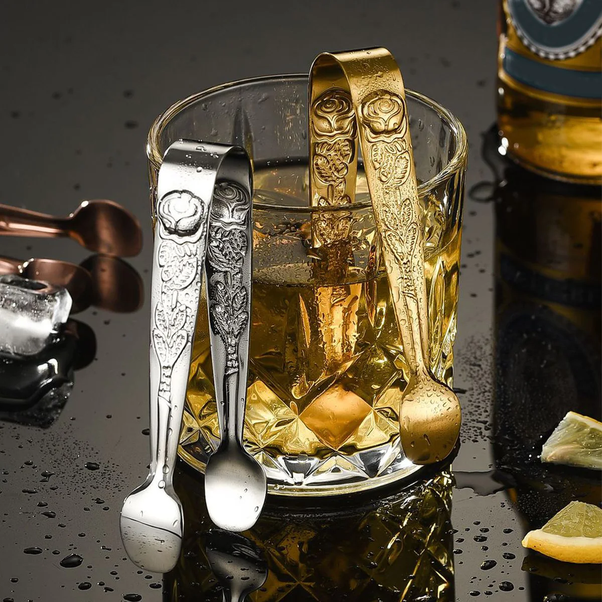 WORTHBUY 304 스테인리스 스틸 아이스 스퀘어 설탕 클립, 빈티지 장미 릴리프, 다목적 서빙 통, 바베큐 음식 클립, 주방 도구