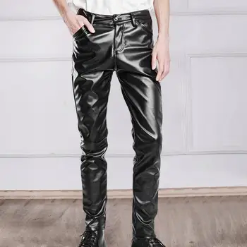Men Faux Leather Pants Slim Fit Elastic Glossy Mid Waist Breathable Pockets Ankle Length Streetwear Hip Hop Club Pencil Pants 1
