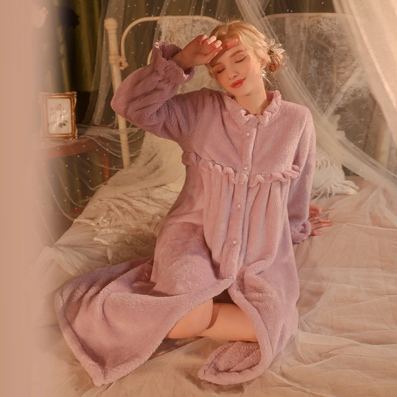 

REBEYULI Brand Sweat Skeepwear Women Autumn Winter Stand Collar Casual Long Flannel Nightgown Women Thick Warm Night Dress Women