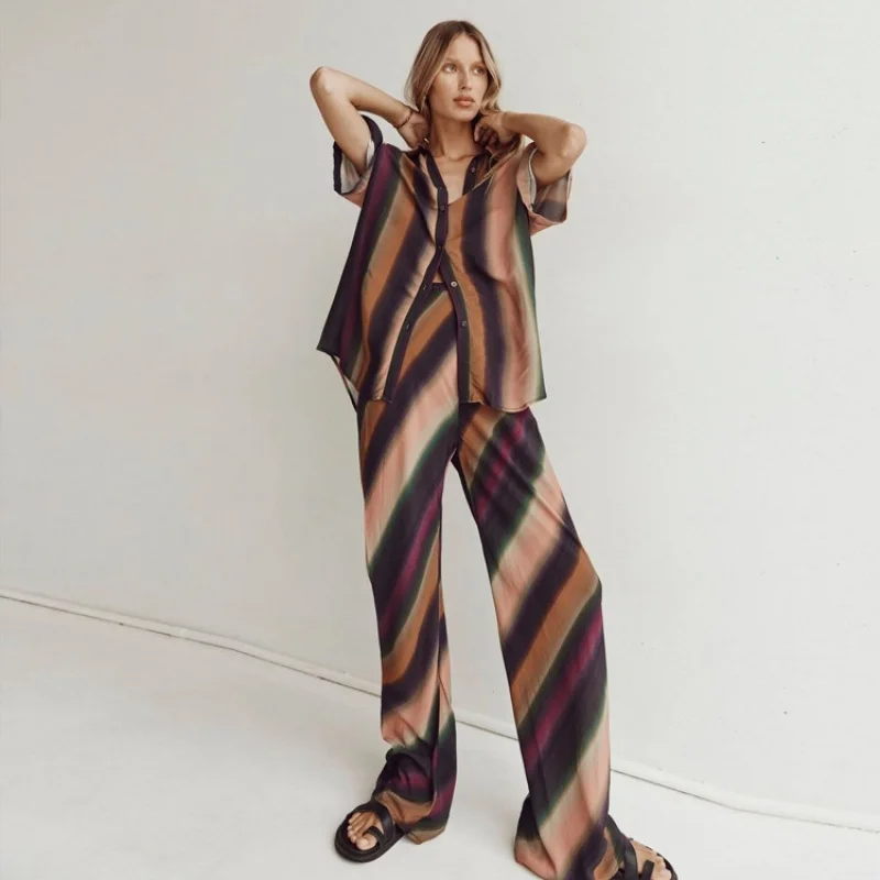 Summer New Casual Suit Women's Five-Quarter Sleeve Striped Printed Shirt High Waist Trousers Two-Piece SuitWlj