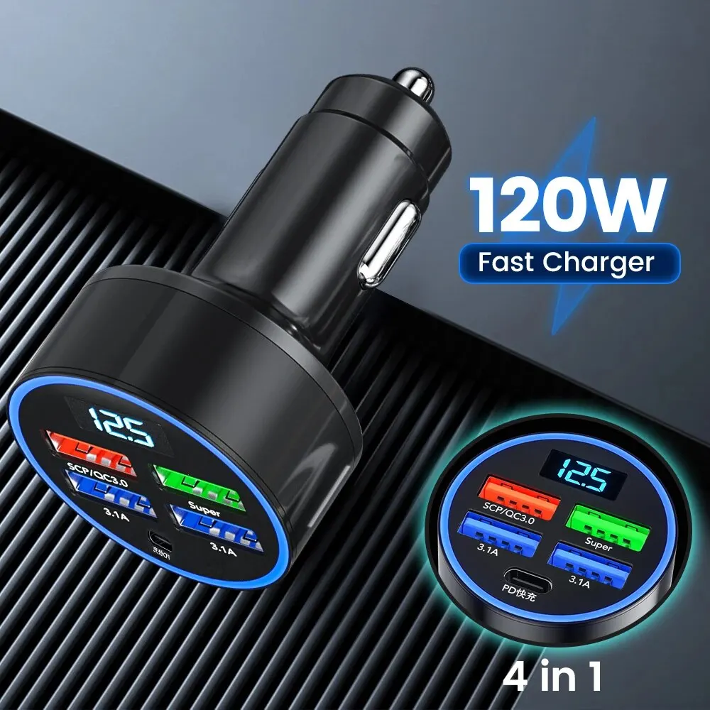 Car Charger PD100W Car Charger QC3.0 Fast Charge One to Four Car Cigarette Lighter Plug 5 Port Charger Flash Charge