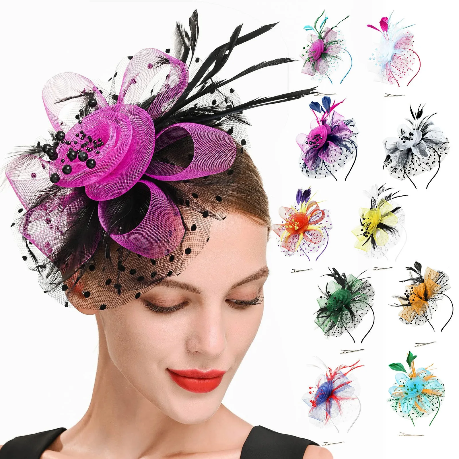Elegant Hair Bands Hat For Women Wedding Flower Cocktail Mesh Feathers