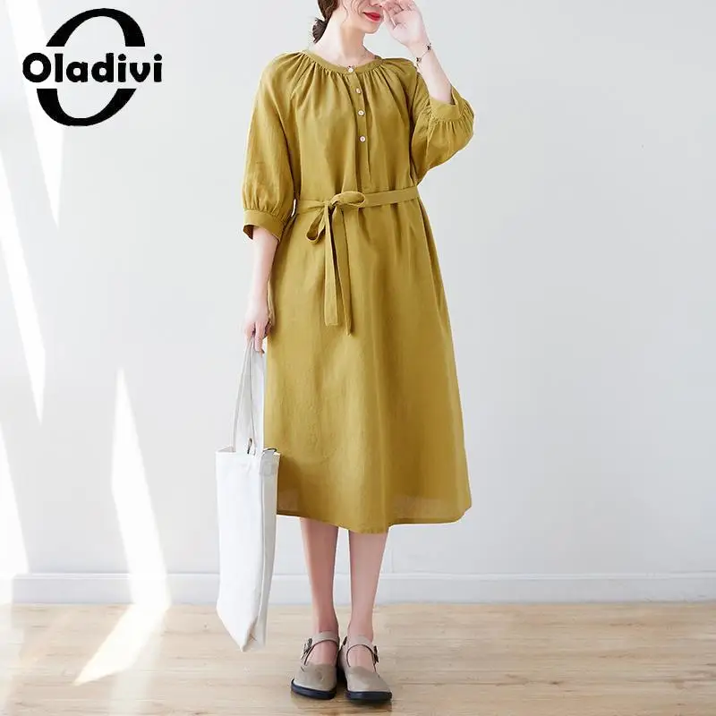 

Oladivi Fashion Women Large Size Short Sleeve Midi Dress 2023 Summer Casual Loose Dresses Vintage Ladies Oversized Clothing 2086