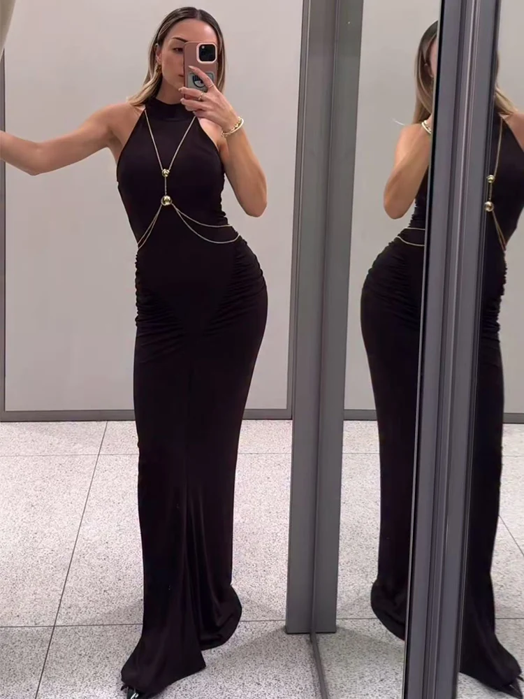  Women Pleated Halter Maxi Dress Fashion  Sleeveless Off Shoulder Slim Metal Chain Decor Dress Lady Elegant Evening Party Gowns