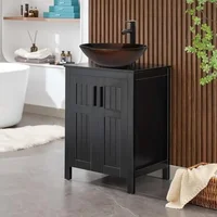 Black Wood Bathroom Vanity Cabinet with Ceramic Vessel Sink & Grooved Doors 1