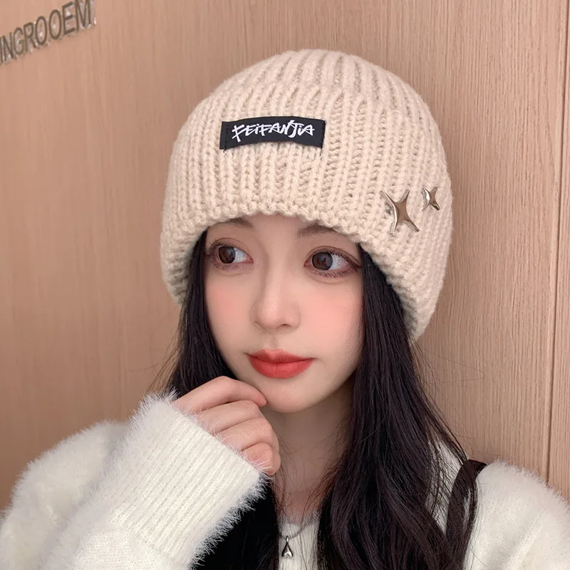 Solid Color Autumn Winter Hat Women Woolen Knitted Warm Beanie Cap Metal Star Ladies Girl Crochet Ear Protection Hat