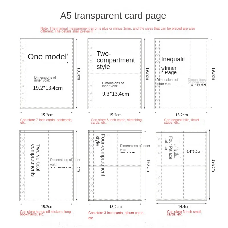 10 Pieces/Pack of Photo Card Inner Pages Transparent Pockets for A5 Binder Photoes Cellction Card Stock Organization