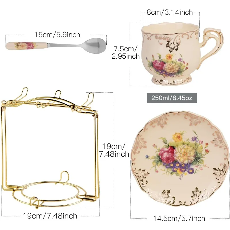 Flowering Shrubs Tea Cups and Saucers Set of 6, Tea Set, Ivory Ceramic Floral Cups Set with Golden Rack, Coffee Set,