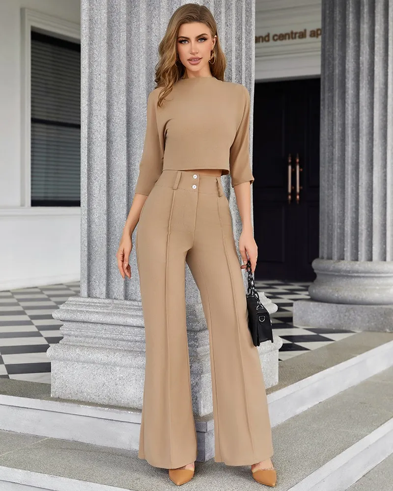Elegantes 2-teiliges Damen-Büro-Outfit-Set mit Stehkragen, bauchfreies Oberteil und geknöpfter Hose mit Tasche, passende Sets für Damen-Arbeitskleidung – Detail 2