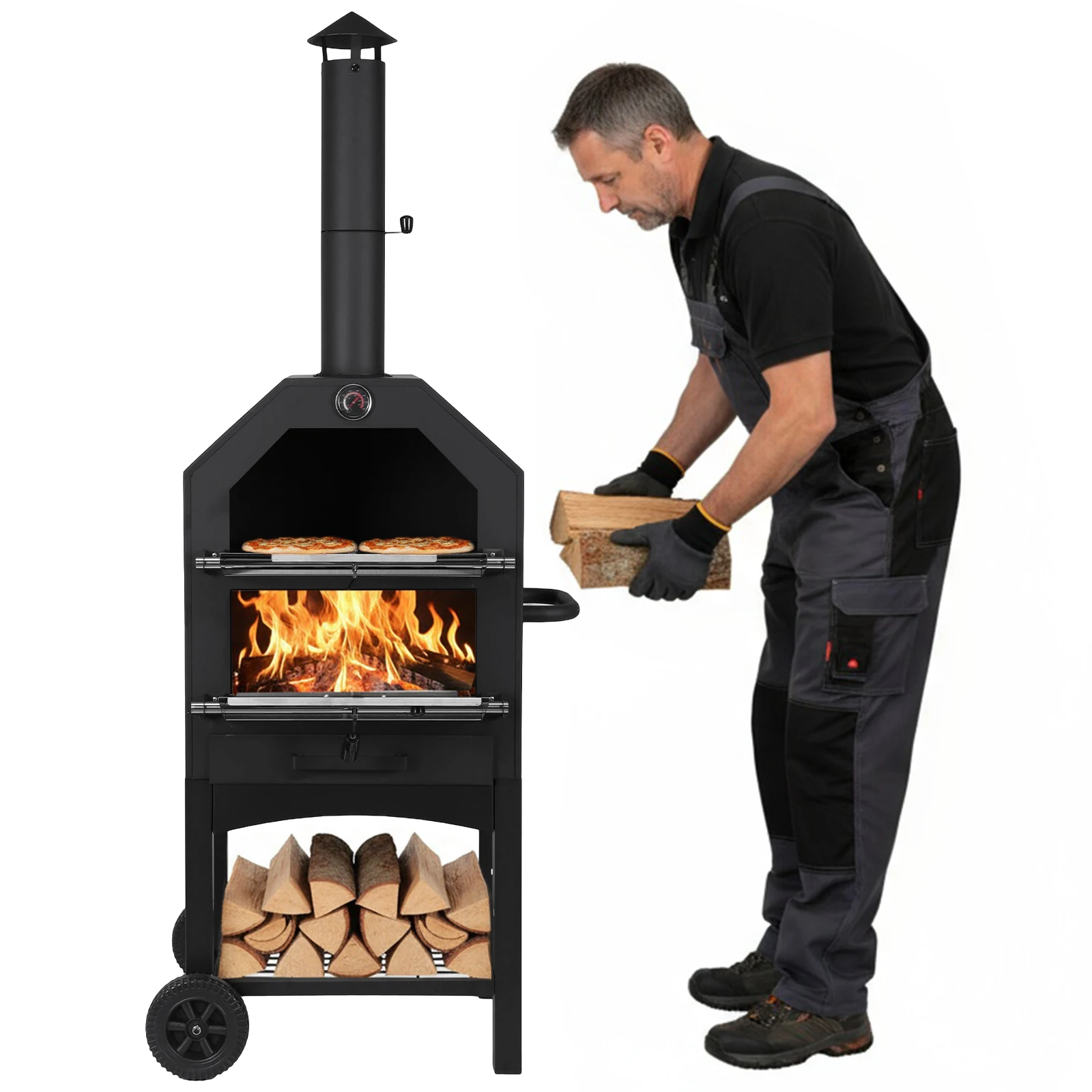 2-Tier Outdoor Garden Pizza Oven with Firewood Storage Large Wood Pellet Fired Pizza Oven for Backyard Camping Tailgating