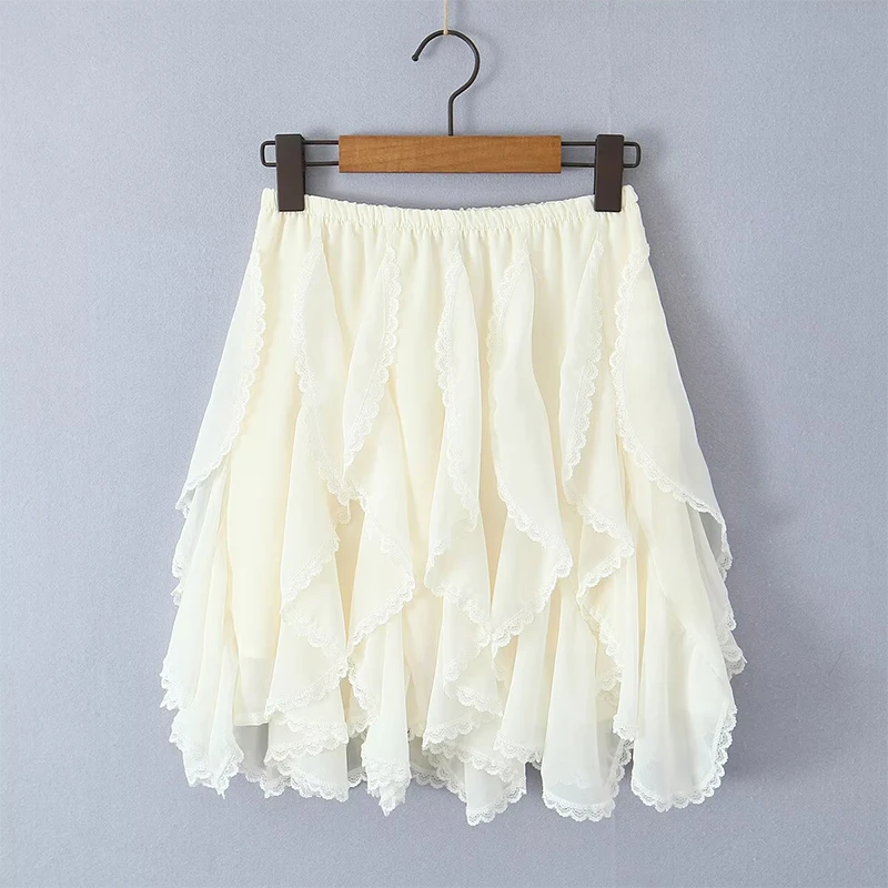 YENKYE New 2025 Women Lace Trim Layered Fairy A-line Skirt For Beach Party Club Streetwear Elastic High Waist Summer Skirts 3