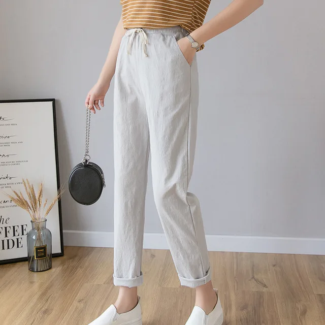 Women Casual Harajuku Long Ankle Length Trousers 2022 Summer Autumn Large Solid Elastic Waist Cotton Linen Pants Black Pants Grey