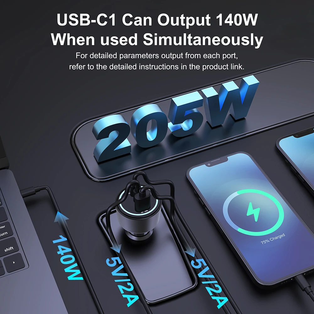 205W Car Charger Car Phone Charger Phone Charger Quick Charge 4.0 PPS 45W PD3.1 140W Fast Charging USB C For MacBook iPhone 16 Samsung