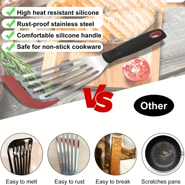 Stainless steel silicone spatula, high temperature resistant frying fish cooking spatula flipper kitchen household steak spatula 6