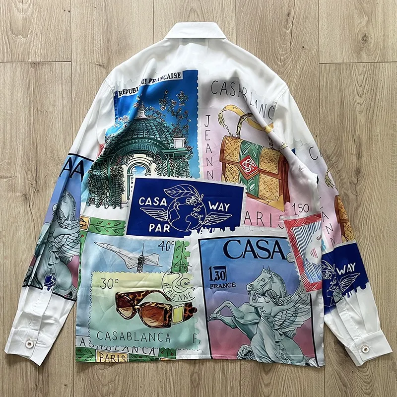 

23ss New CASABLANCA Shirts Casablanca Swan Shirts Stamp Illustration Designer Printed Long Sleeve Silk Shirt Men Women