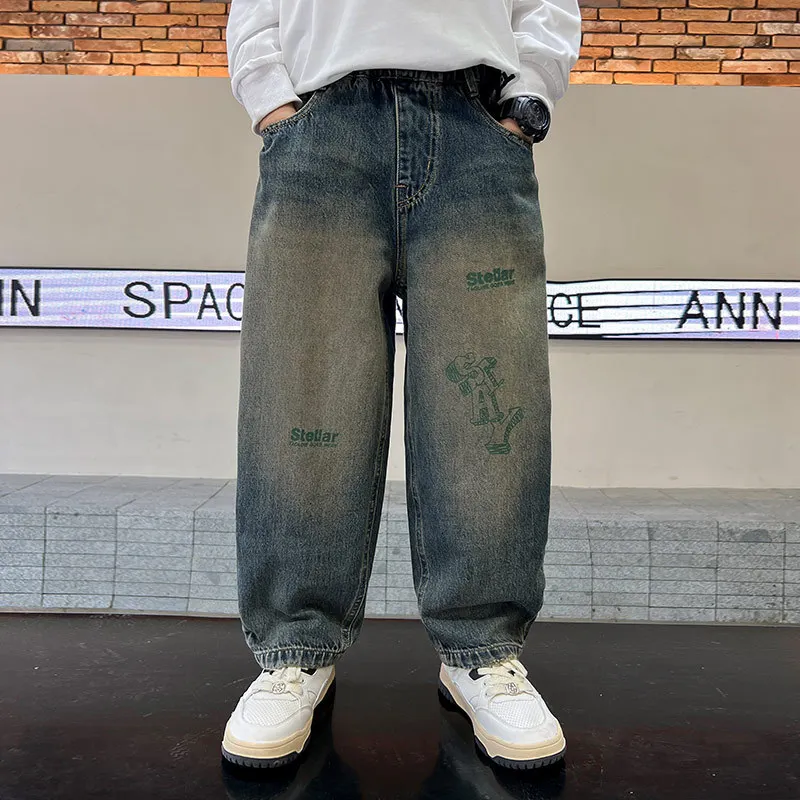 어린이 그라데이션 배기 청바지 레터 프린트 소년 캐주얼 디스트레스드 데님 팬츠 스쿨 키즈 봄 가을 패션 바지