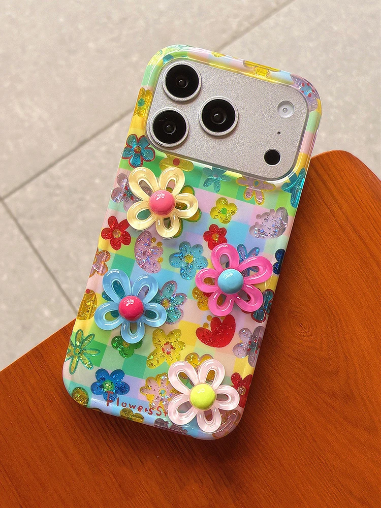 3D Colorful Flower Glitter Shockproof Phone Case - Enhanced Protective Back Cover