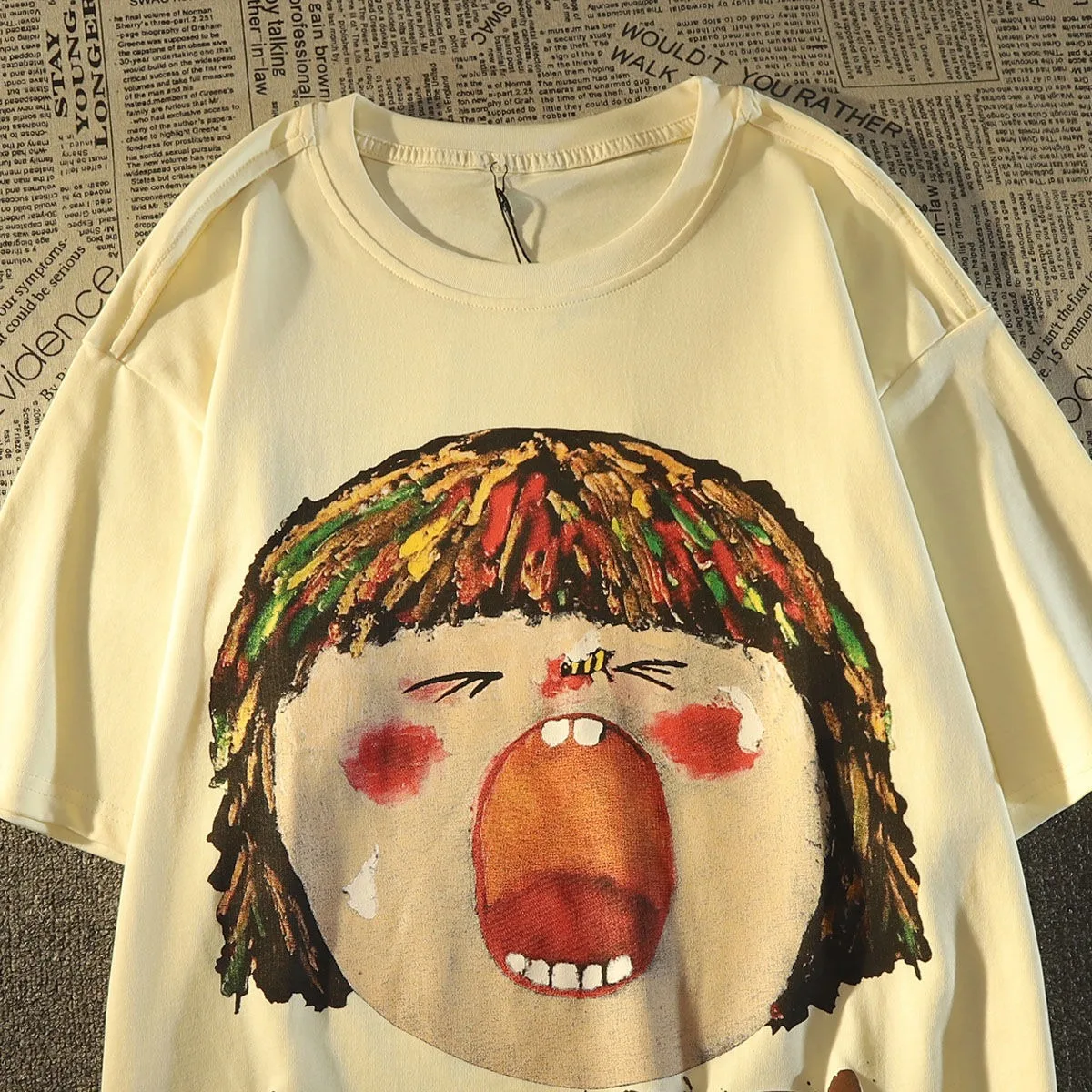 

Футболка мужская оверсайз из чистого хлопка, свободная универсальная с коротким рукавом и американским мультяшным принтом, в гонконгском стиле, на лето