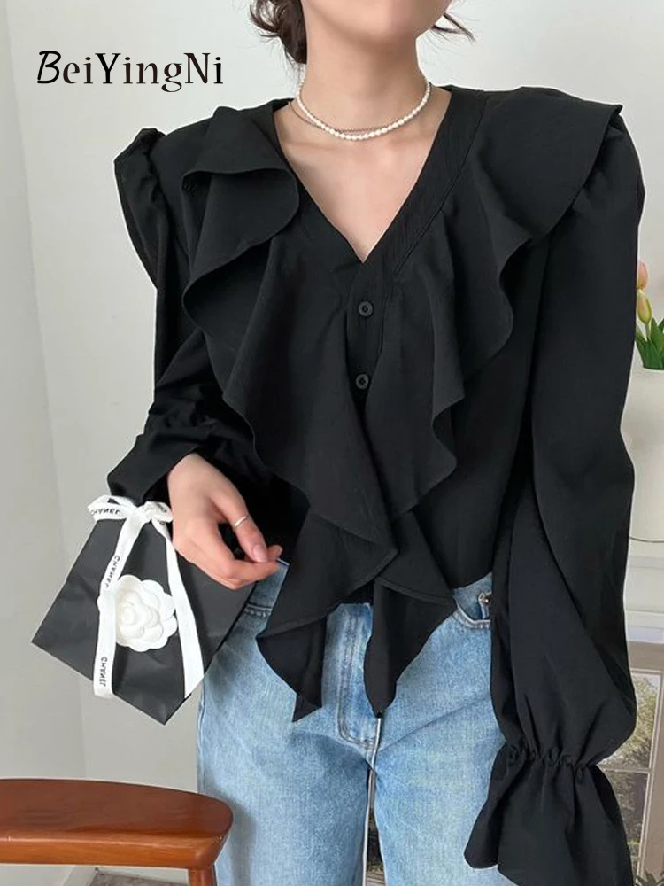 

Beiyingni Chic Ruffles Long Sleeve Blusas Women French Elegant V-neck Shirts Ladies White Black Loose Korean Retro Blouses Tops