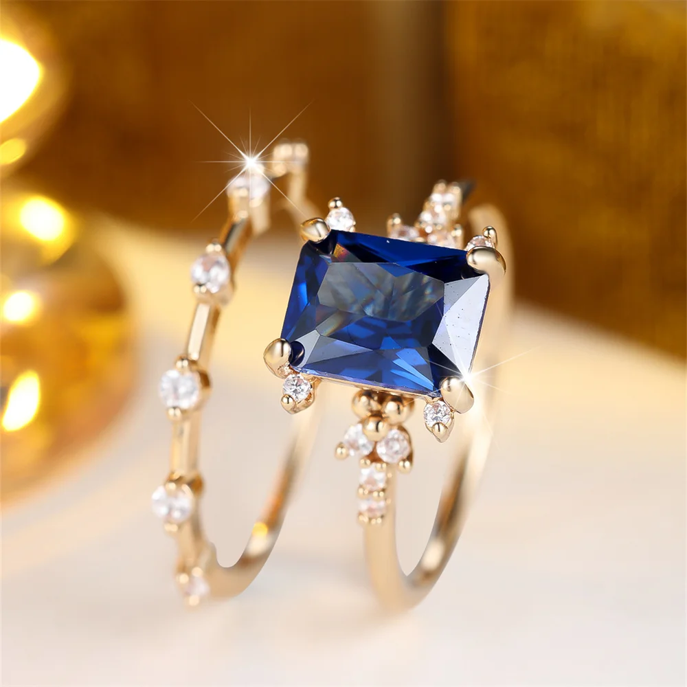 Blue Zircon Square Stone Ring Sets For Women Men Trendy Gold Color Engagement Double Rings Wedding Jewelry Bridal Valentine Gift