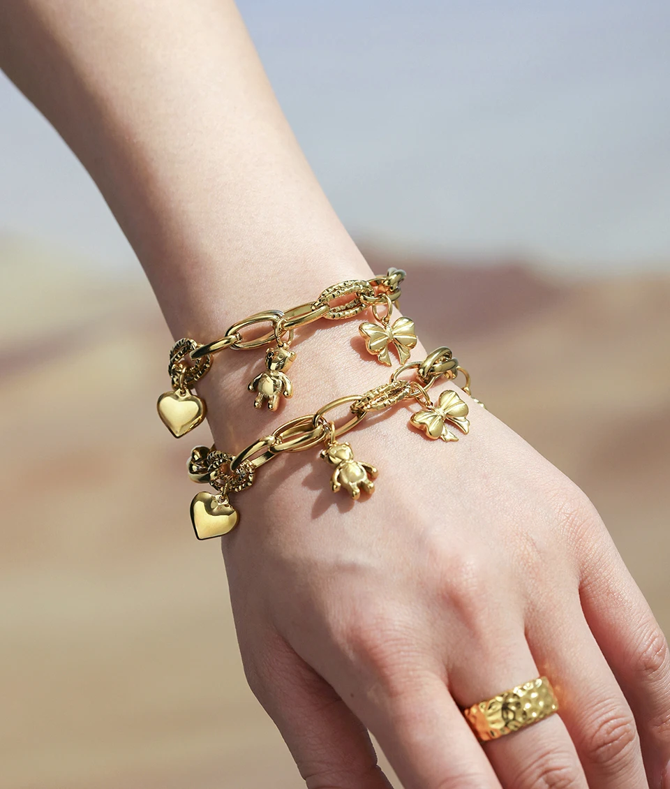 Edelstahl-Kettenarmband für Damen, 18 Karat vergoldet, wasserdicht, nicht anlaufend, Damen-Armbänder mit Herz-Bär-Blumen-Schleifen-Charms – Detail 8