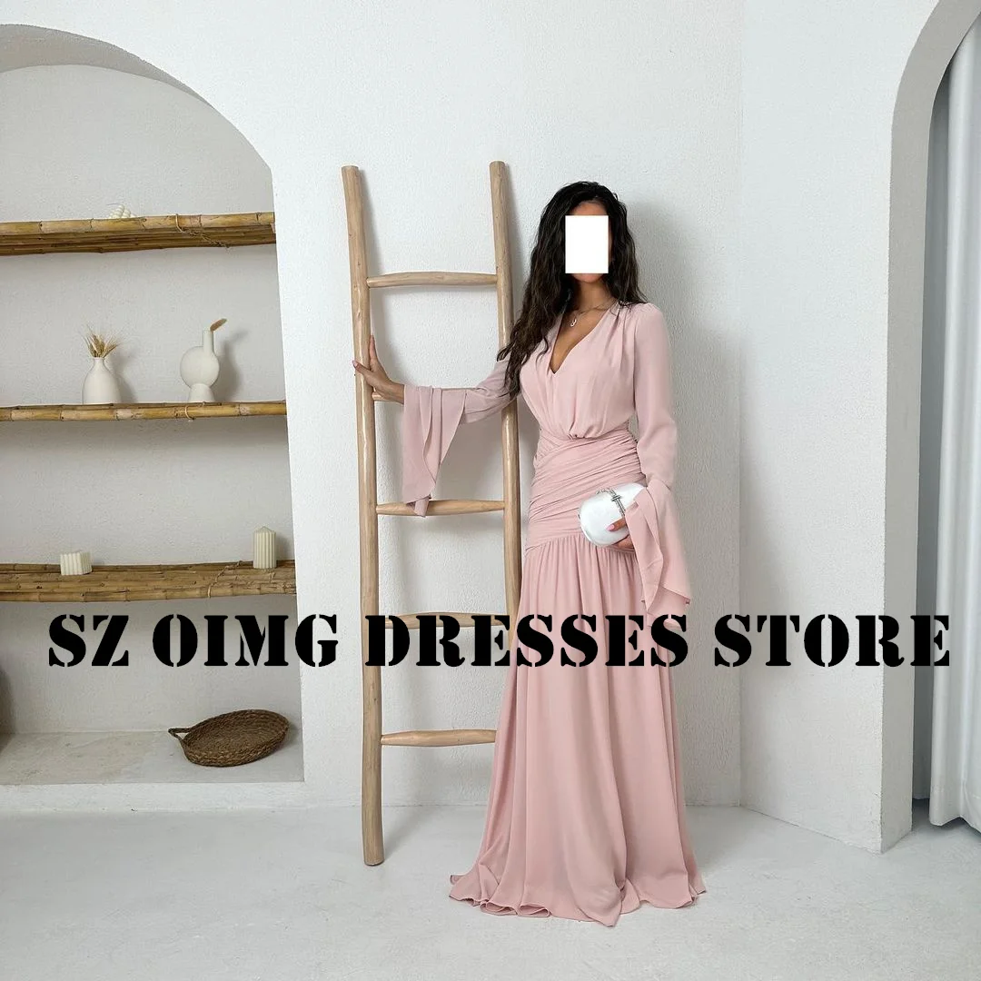 

OIMG New Design V-Neck Ruched Sheath Prom Dresses Arabic Women Bell Sleeves Pink Chiffon Evening Gowns Formal Party Dress