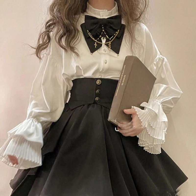 Japanese Victorian Gothic Lolita Skirts Women Two-piece Set Vintage Lantern Sleeve Shirt Organ Petticoats Belted Pleated Skirt