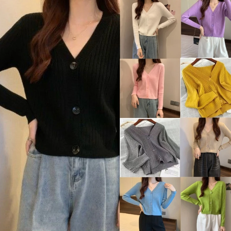 

Casual Button Down V-neck Cardigan Solid Color Ribbed Cardigan Sweater drop shipping