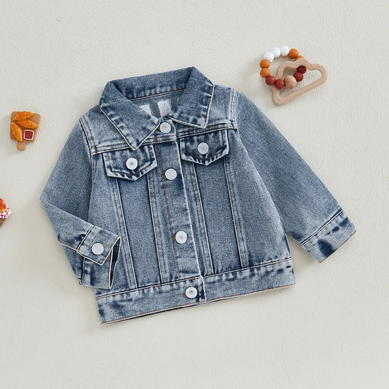 VISgogo 0-3 Years Toddler Boy Girl Denim Jacket Back Letter Embroidered Lapel Neck Long Sleeve Front Button-up Fall Tops