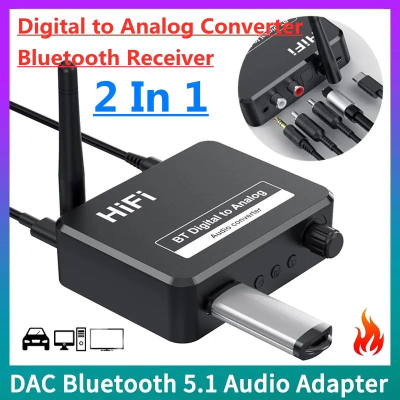 Audio Converter Adapter Bluetooth 5.1 3.5mm AUX RCA L/R U-Disk Optical 2 in1