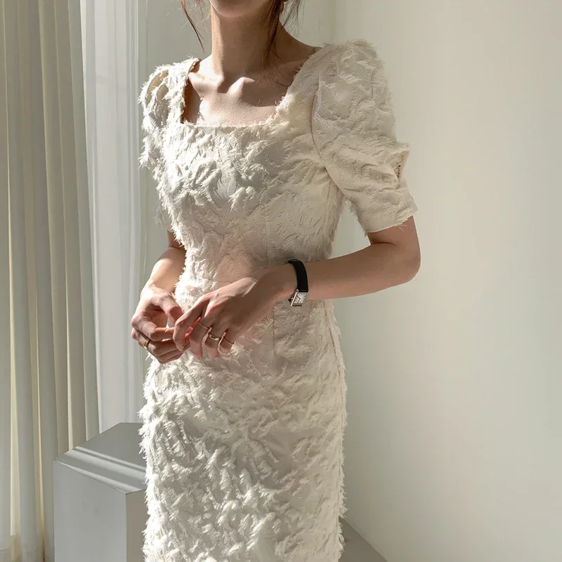 

New Vintage Birthday Party Women Dress Elegant Square Collar Short 2024 Summer Sleeve Vestidos Feather Sexy Mermaid Dress Female