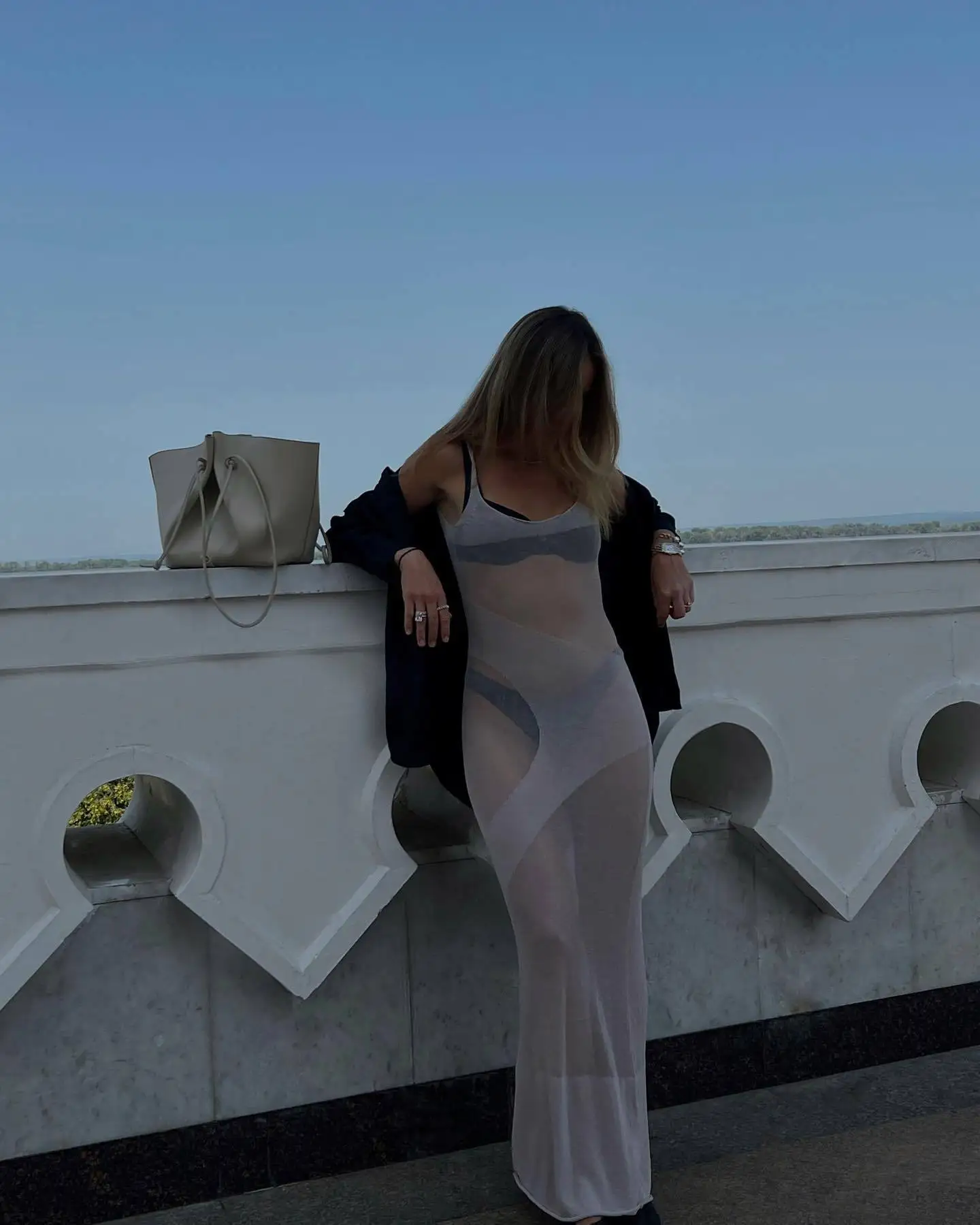 Backless Patchwork Maxi Dress Cover up For Women Slim Loose Holiday Beach See-Through Clothes Dress Female Knit Long Dress